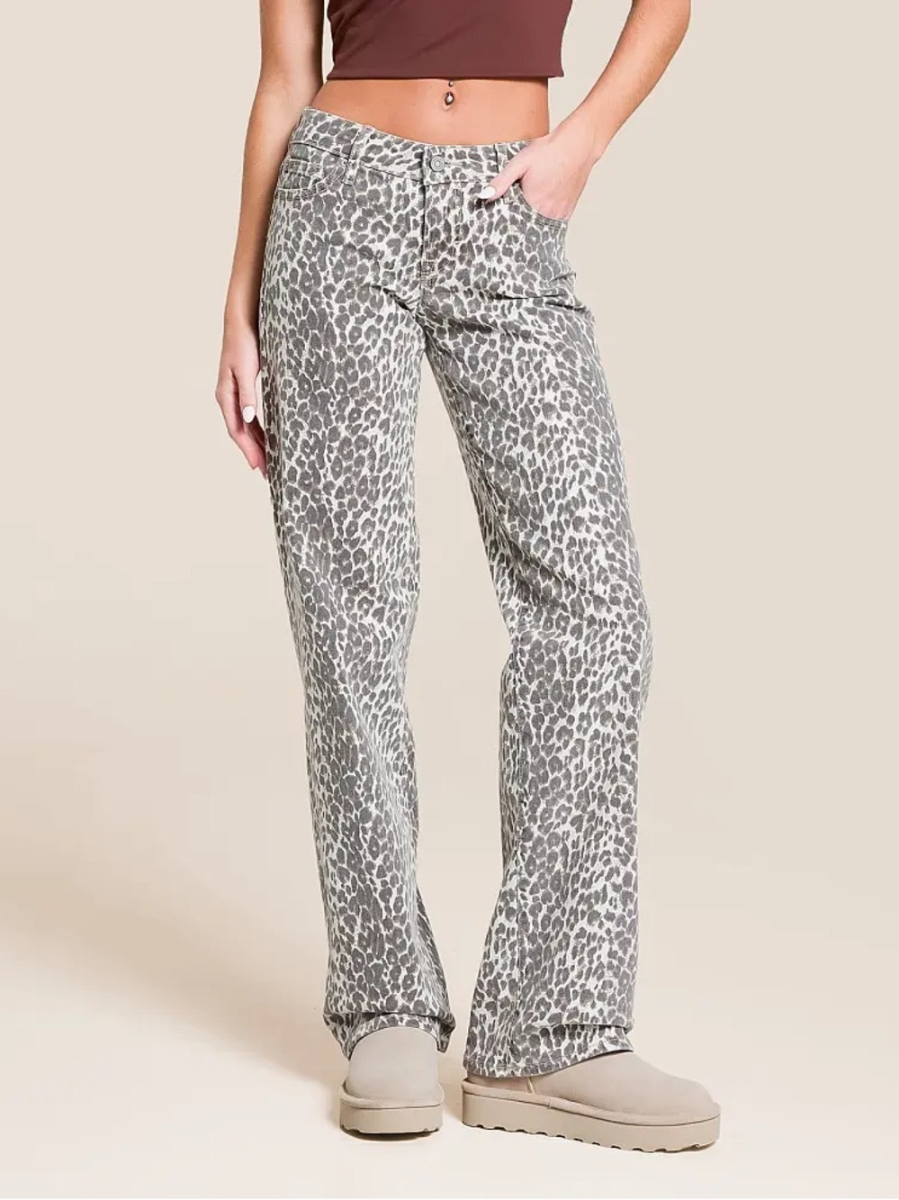 Wide Leg Leopard Print Jeans - Grey